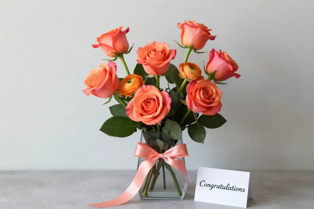 Four coral roses geometric vase modern congratulatory celebration