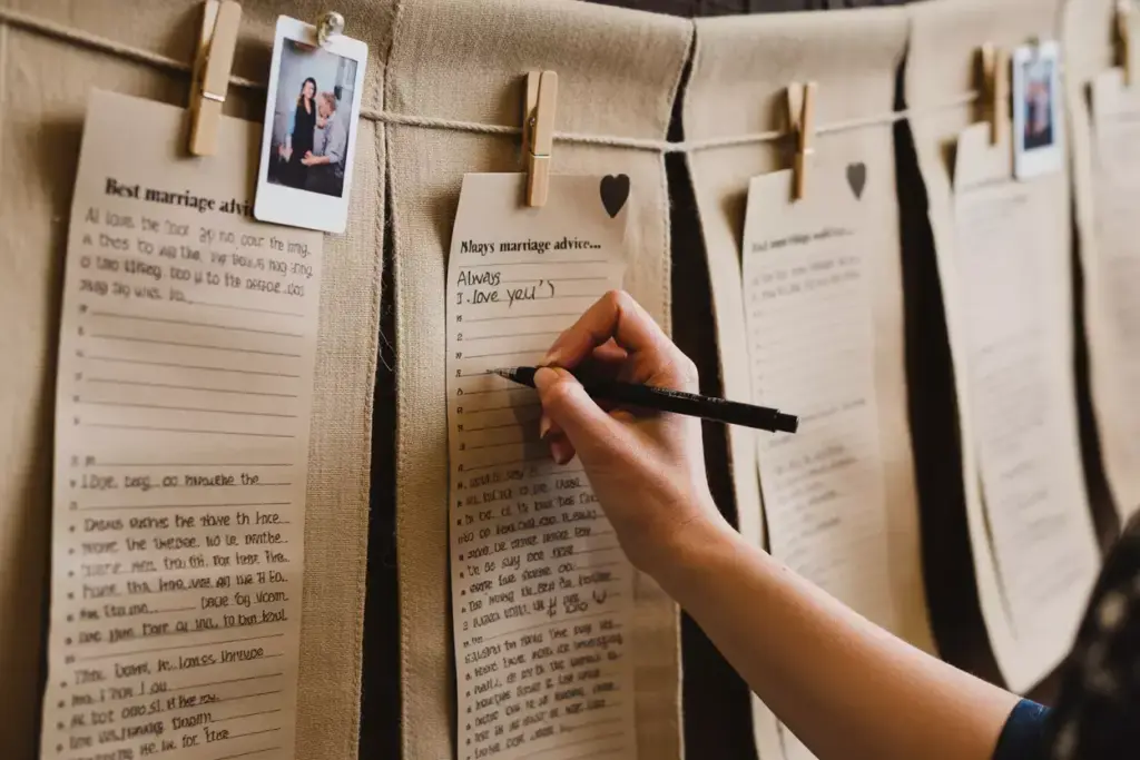 Guest writing a message on an interactive advice card bridal shower banner