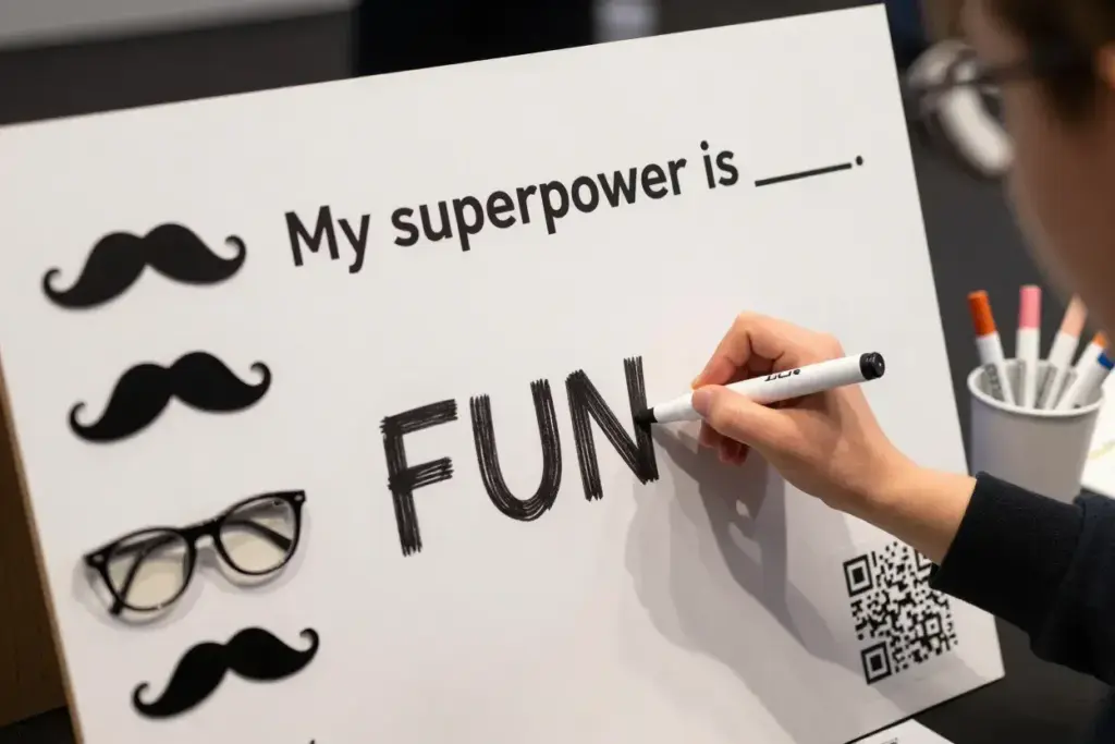 Hand writing on fill in the blank poster board interactive prop