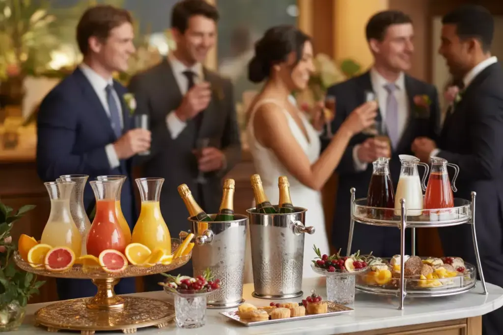 Interactive mimosa bar juice carafes fresh fruit garnishes