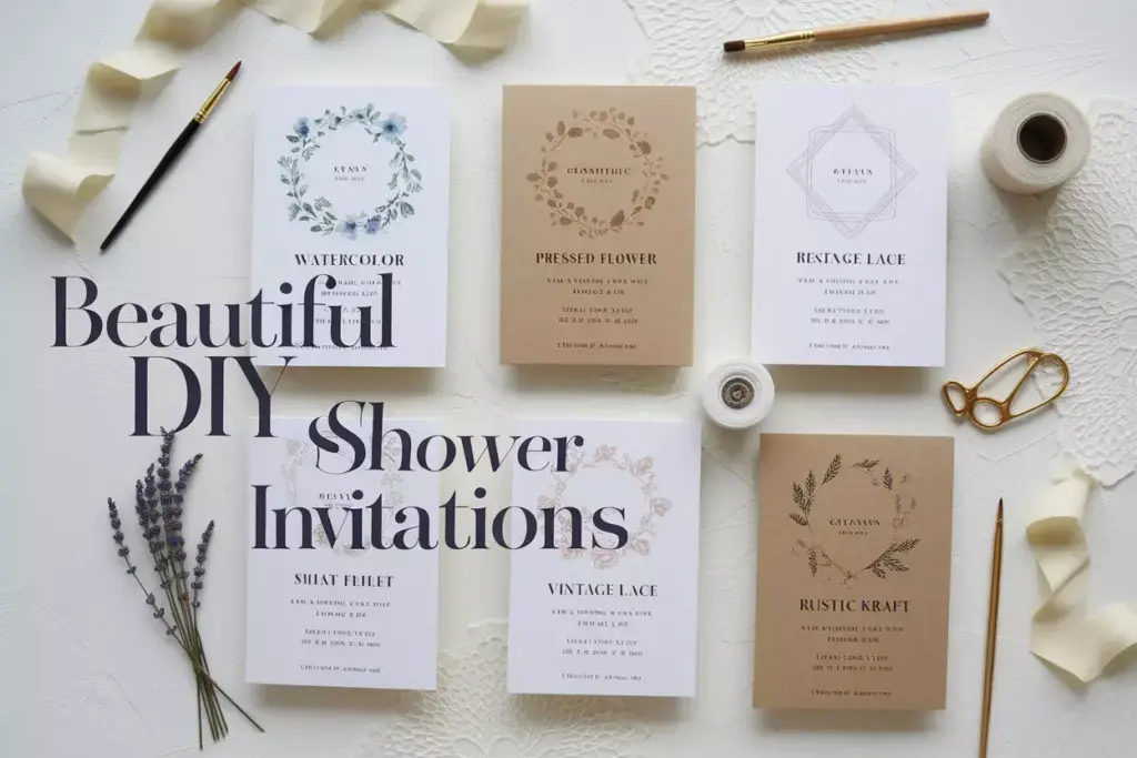 A stylish flat lay of six unique diy bridal shower invitations on craft table