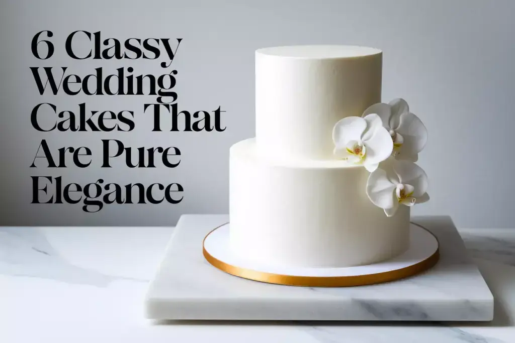 Elegant white wedding cake tier on marble with gold accent