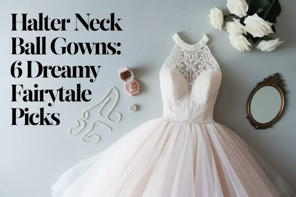Overhead flat lay of an ivory halter neck ball gown with pearls and roses on textured surface