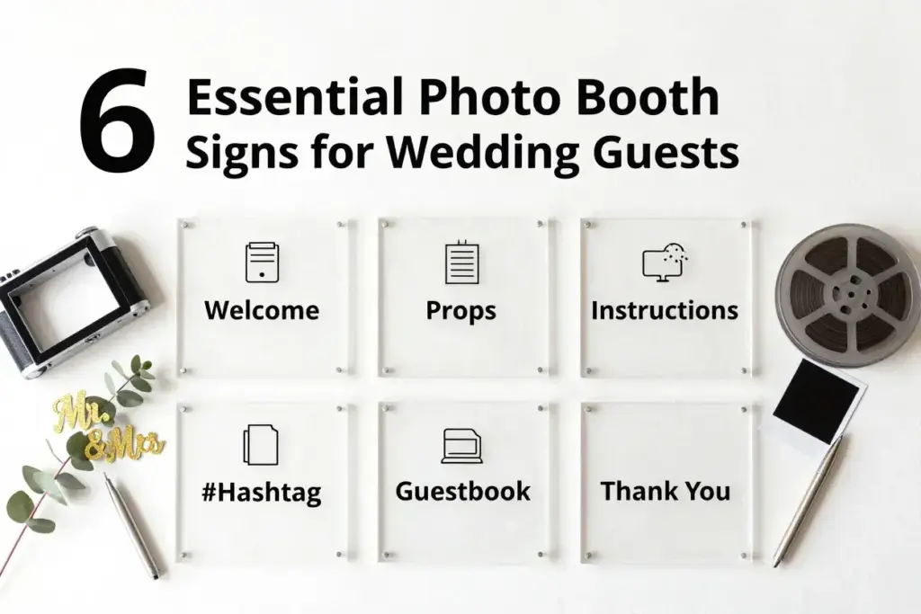 Overhead flat lay of six modern wedding photo booth directional signs