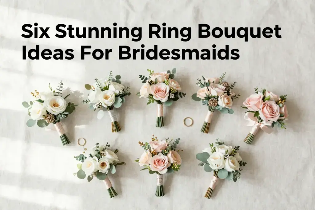 Overhead flatlay of six creative mini ring bouquets for bridesmaids on linen