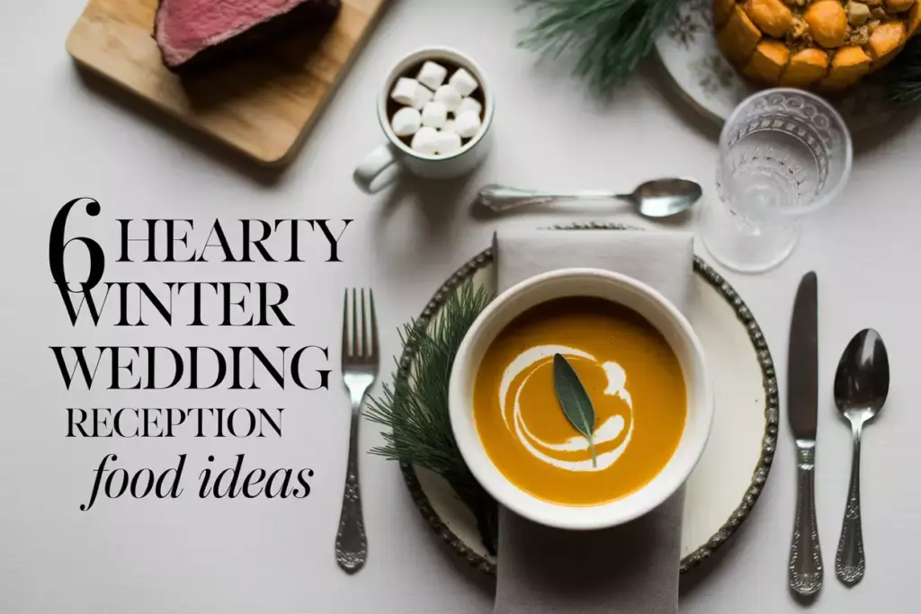 Overhead winter wedding table with soup prime rib hot chocolate and dessert