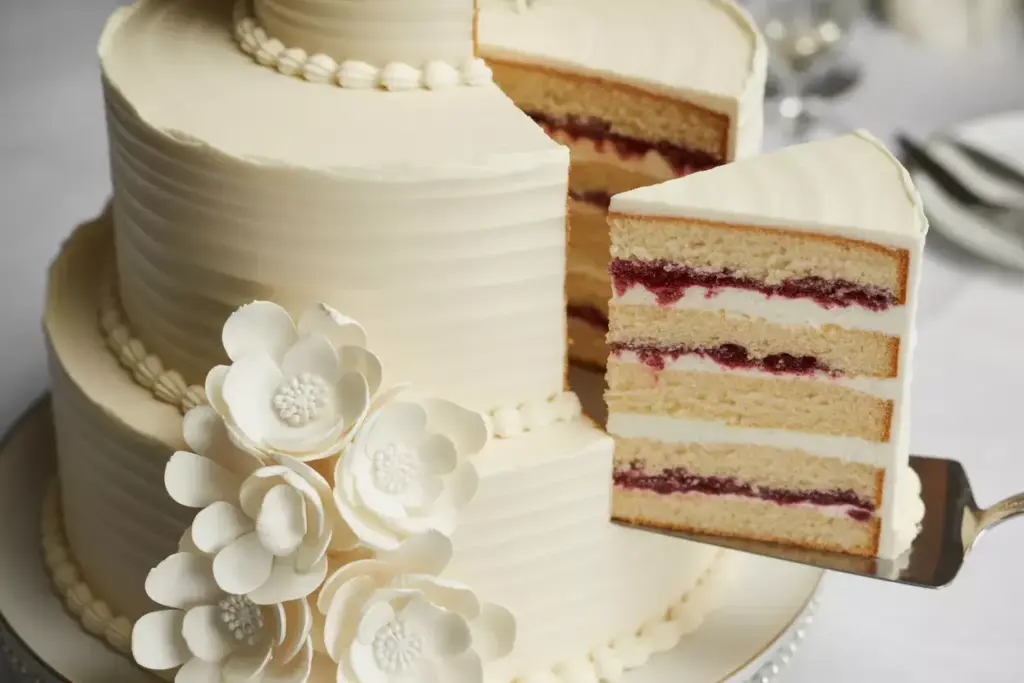 Elegant white wedding cake with sugar flower cascade and raspberry filling