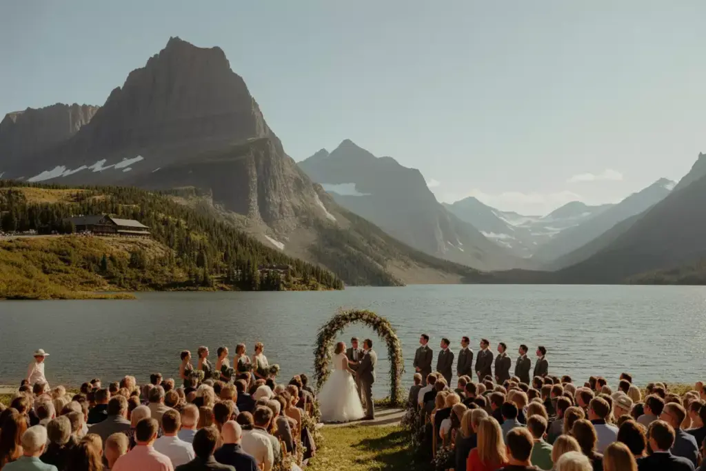 Glacier national park grand mountain wedding ceremony by lake mcdonald
