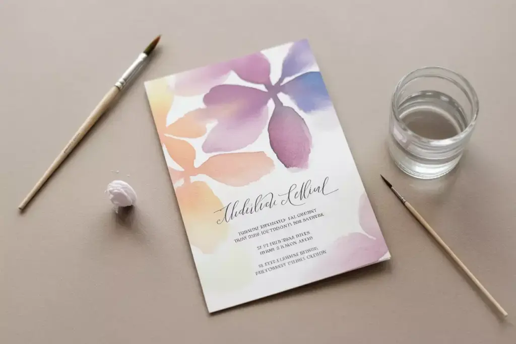 Overhead flat lay of a soft watercolor floral bridal shower invitation on paper