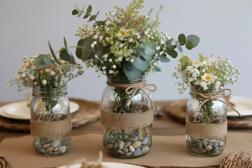 Three rustic mason jars with wildflowers and burlap on wooden table