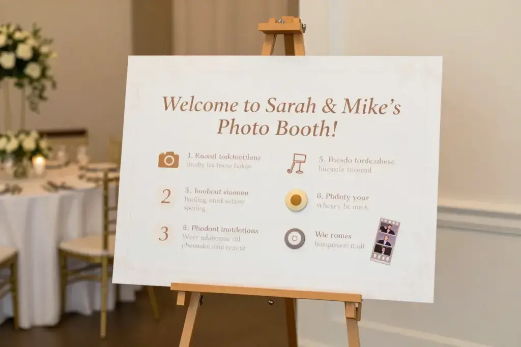 Welcome sign with step by step instructions on easel at wedding photo booth entrance