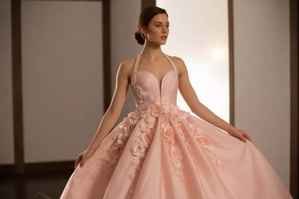 Blush pink organza gown with floral appliques sweetheart halter