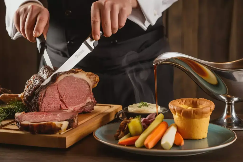 Chef carving prime rib with yorkshire pudding roasted vegetables at wedding