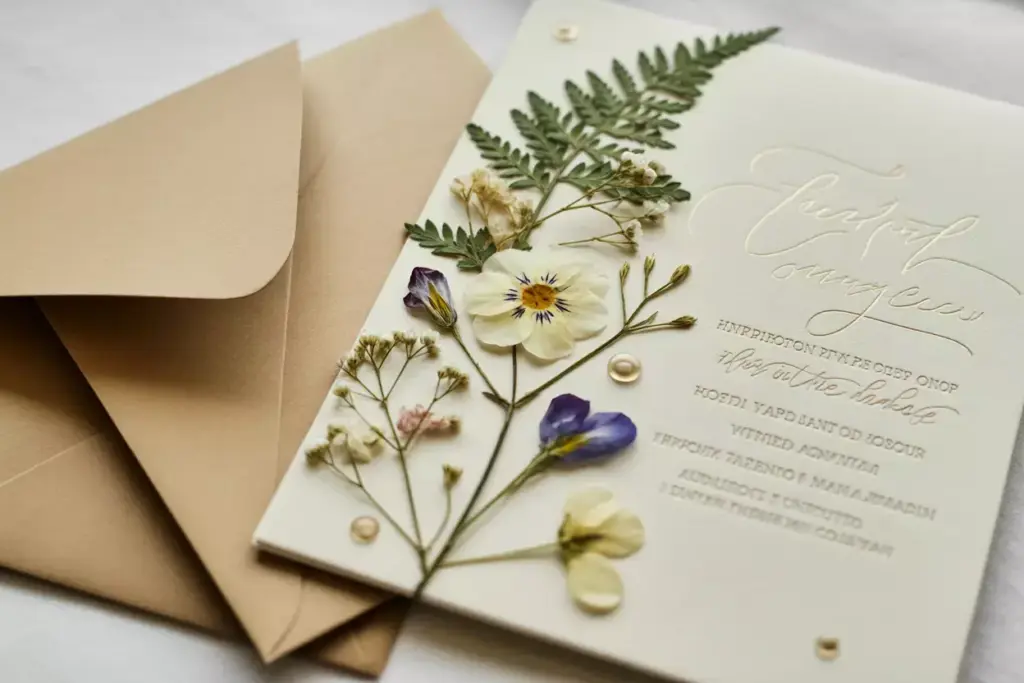 Close up of a cream invitation with pressed flowers and gold calligraphy