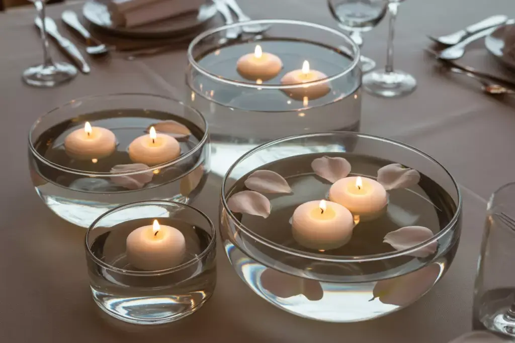 Floating candles and petals in three glass bowls elegant table