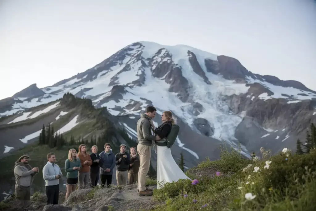 High altitude mount rainier wedding ceremony on alpine meadow