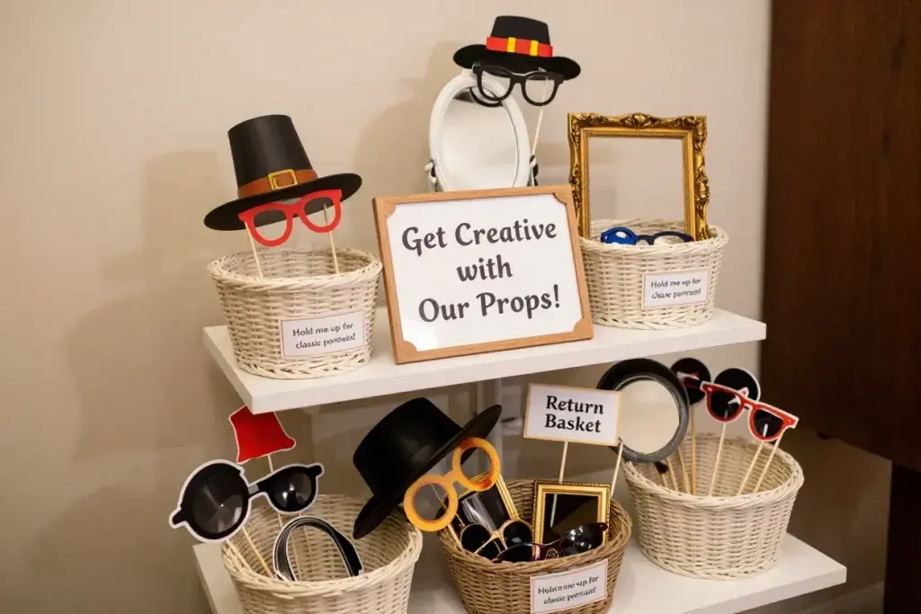 Organized tiered photo booth props display with encouraging usage signage