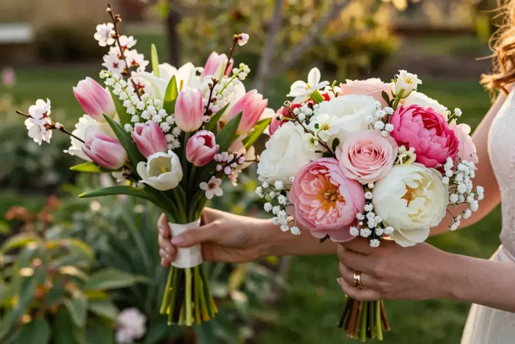 Seasonal fresh flower mini bouquets with rings in garden hands