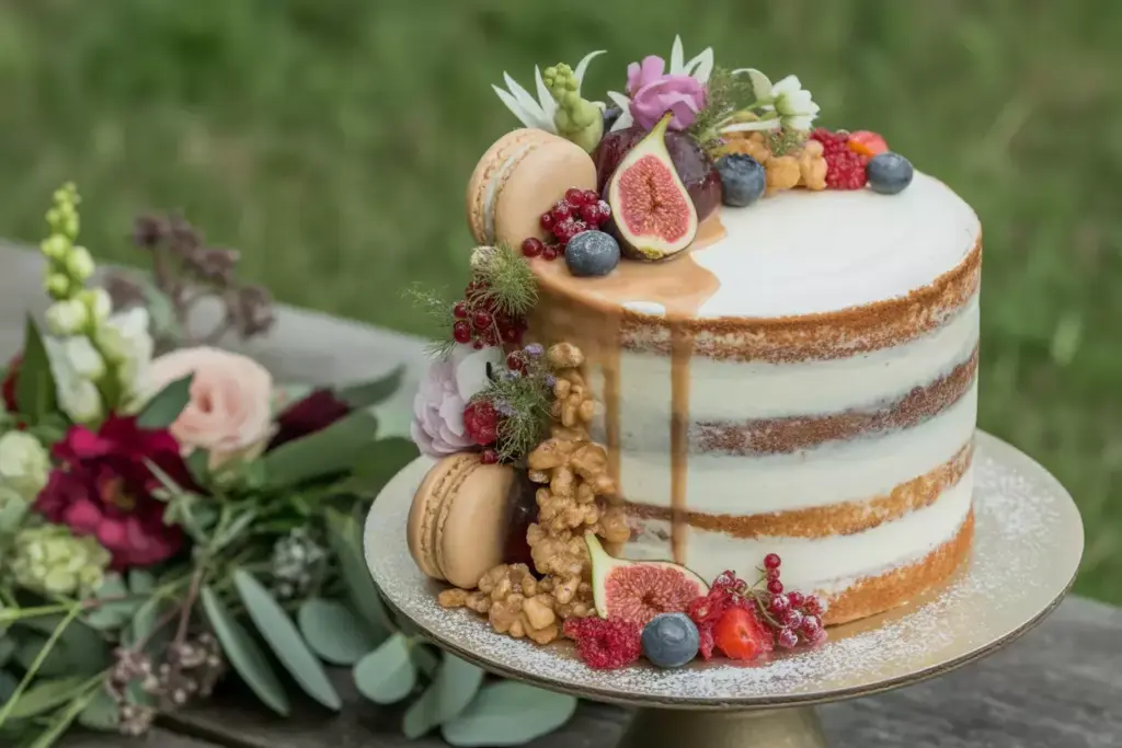 Sophisticated naked wedding cake with fresh berries and edible flowers