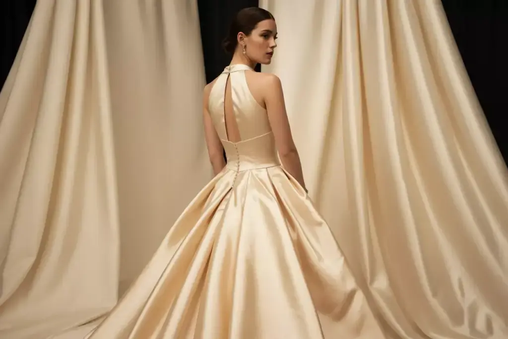 Champagne satin gown with keyhole back and sweep train