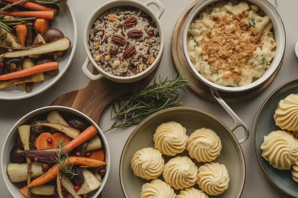 Flat lay of winter wedding sides roasted vegetables rice pilaf mac cheese potatoes