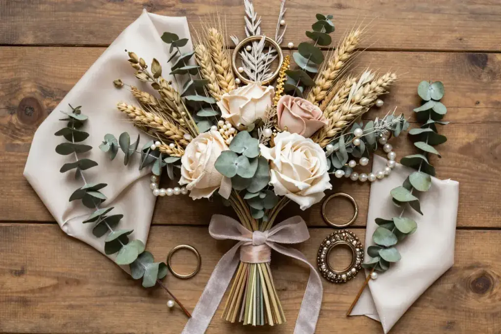 Mixed media bouquet with vintage brooch pearls dried eucalyptus flatlay