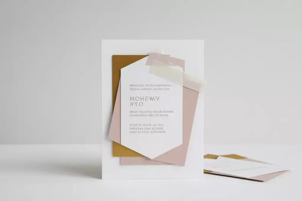 Straight on shot of a white geometric minimalist bridal shower invitation