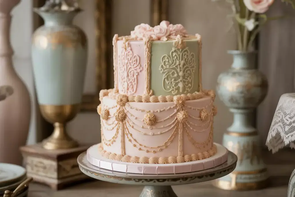 Vintage inspired wedding cake with intricate piping and soft pastels