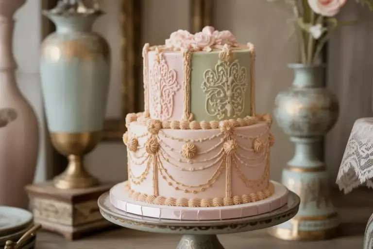Vintage Inspired Wedding Cake With Intricate Piping And Soft Pastels