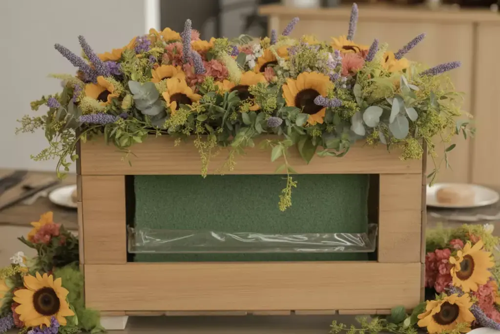 Wooden crate overflowing with sunflowers zinnias and lavender