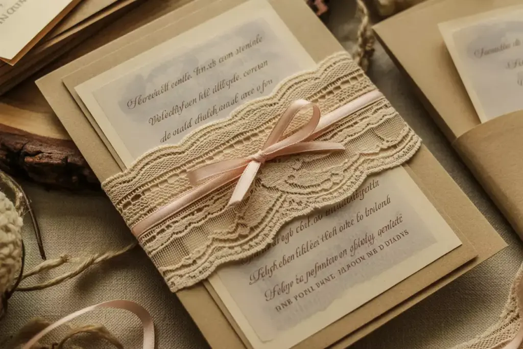 Angled detail of a vintage lace and vellum bridal invitation with ribbon