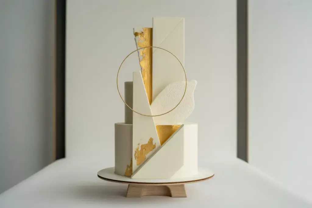 Geometric minimalist wedding cake with gold leaf accents