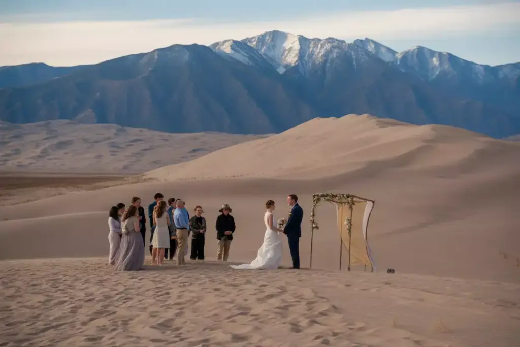 Great sand dunes wedding on crest with mountain backdrop