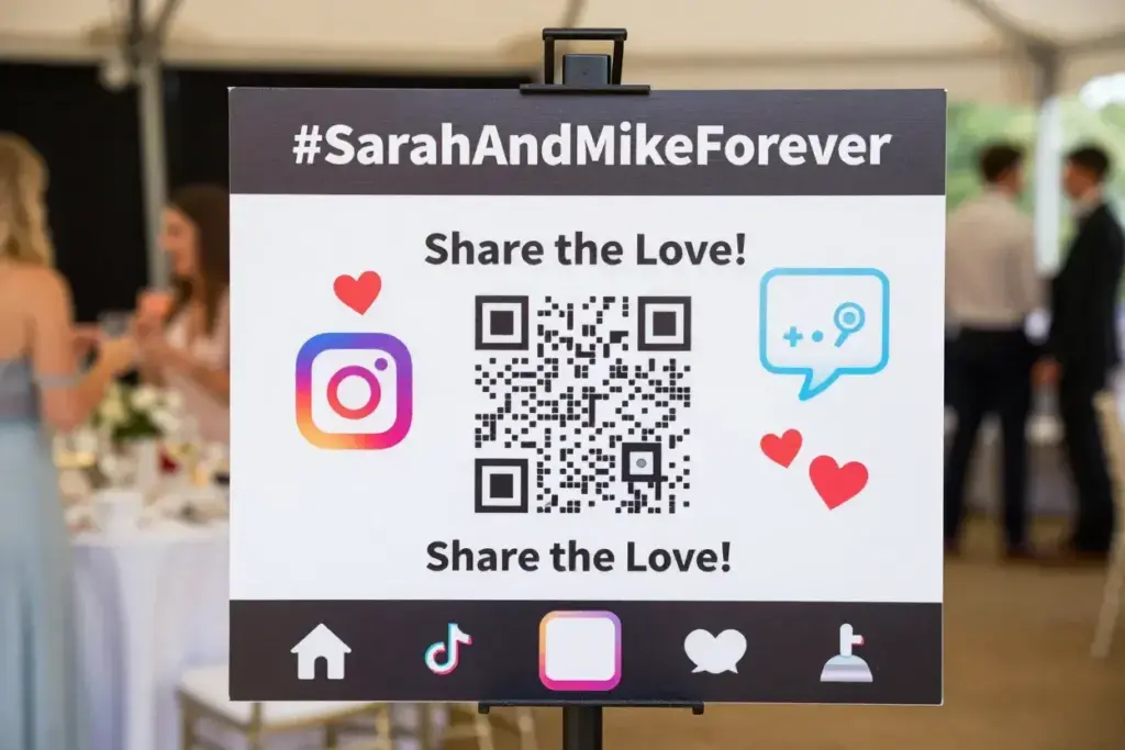Large bold wedding hashtag sign with qr code for social media sharing