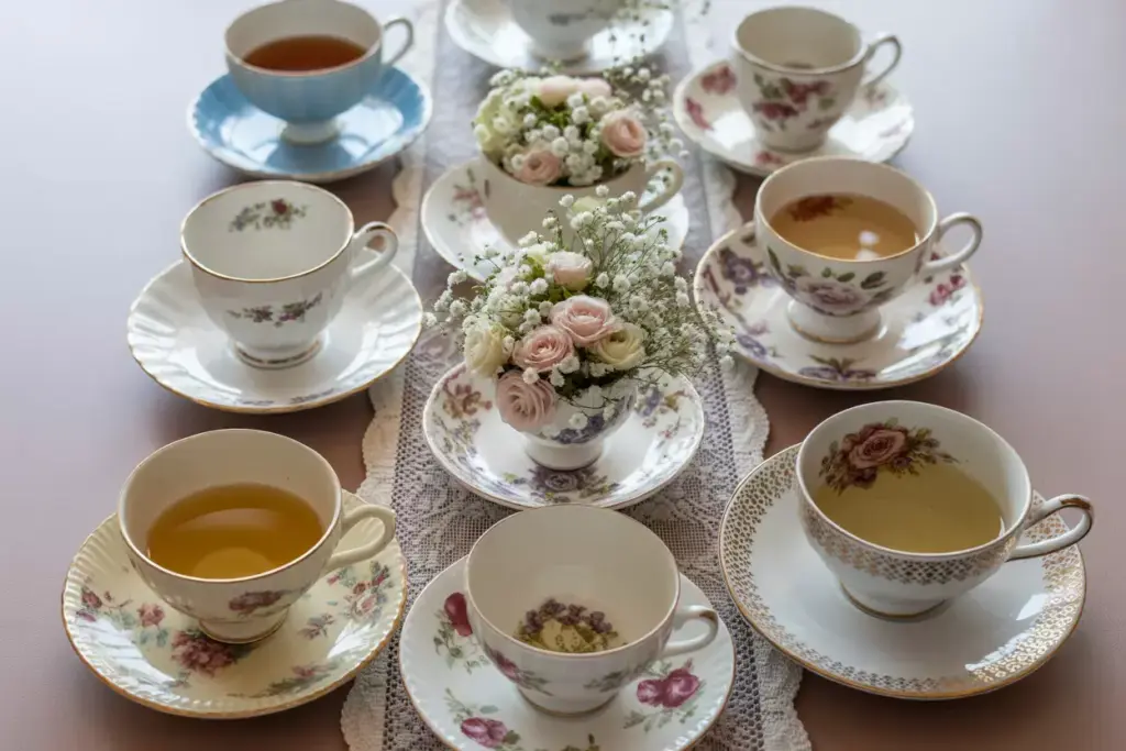 Mismatched vintage teacups with mini flower bouquets on lace