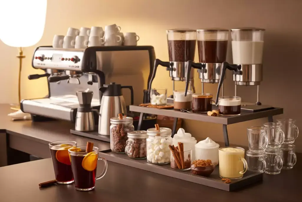 Winter wedding hot chocolate coffee mulled wine station with toppings