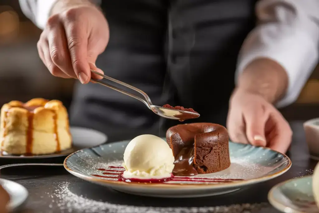Chocolate lava cake with ice cream raspberry sauce plated at wedding