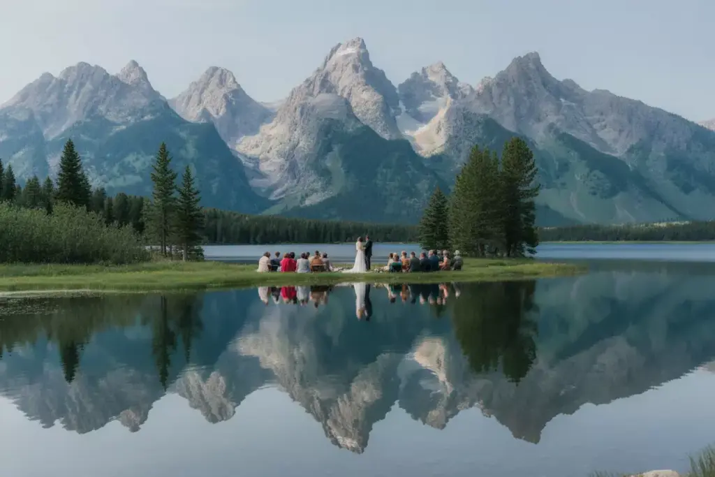 Grand teton lakeside wedding with mountain range reflection