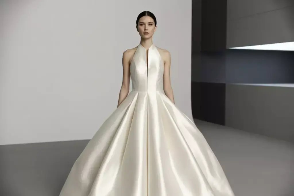 Mikado silk minimalist gown with geometric halter neckline