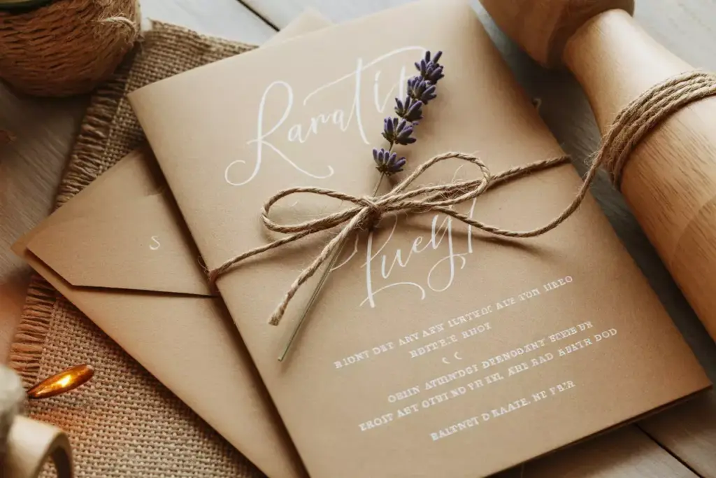 Rustic kraft paper invitation with white lettering and dried lavender