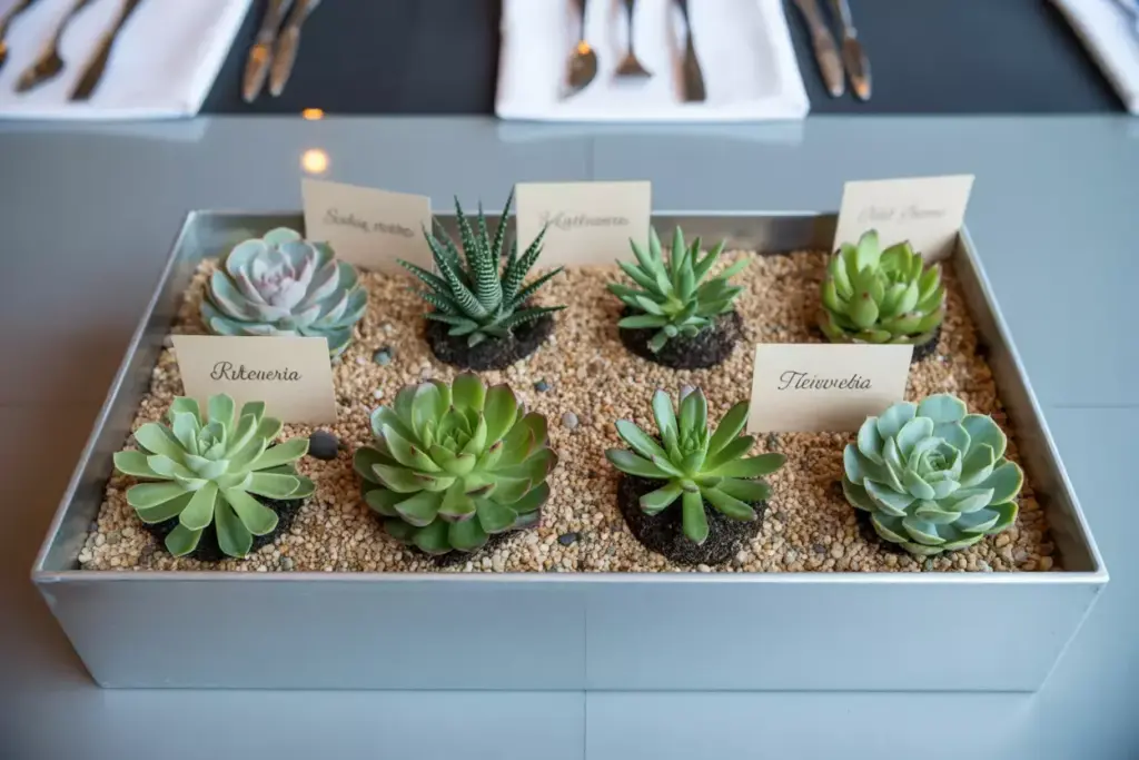 Shallow wood tray with various small succulents and place cards