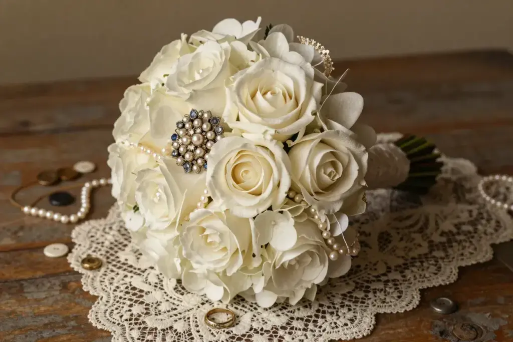 Vintage bouquet with antique brooch pearl lace on wood table