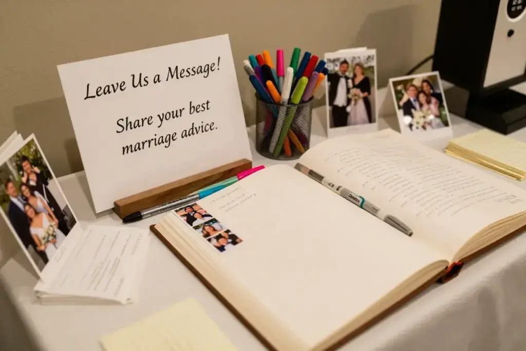 Wedding guest book message station with pens cards and instruction sign