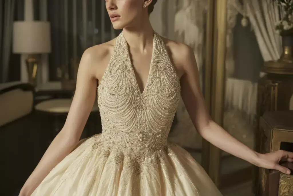 Beaded art deco halter gown with cowl neck and tulle skirt