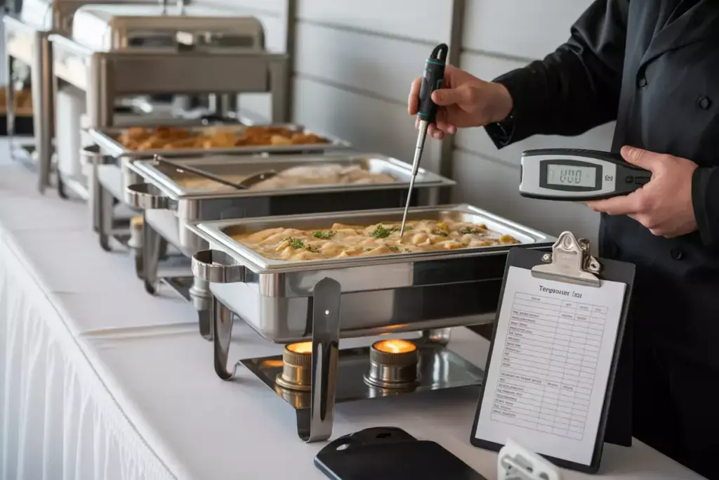 Catering chafing dishes with thermometer showing safe food temperature
