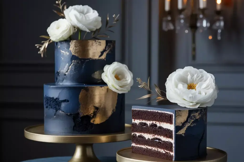 Dark navy wedding cake with gold accents and white flowers