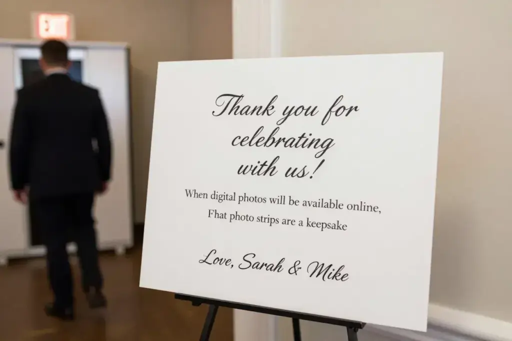 Elegant thank you exit sign with photo sharing details at wedding