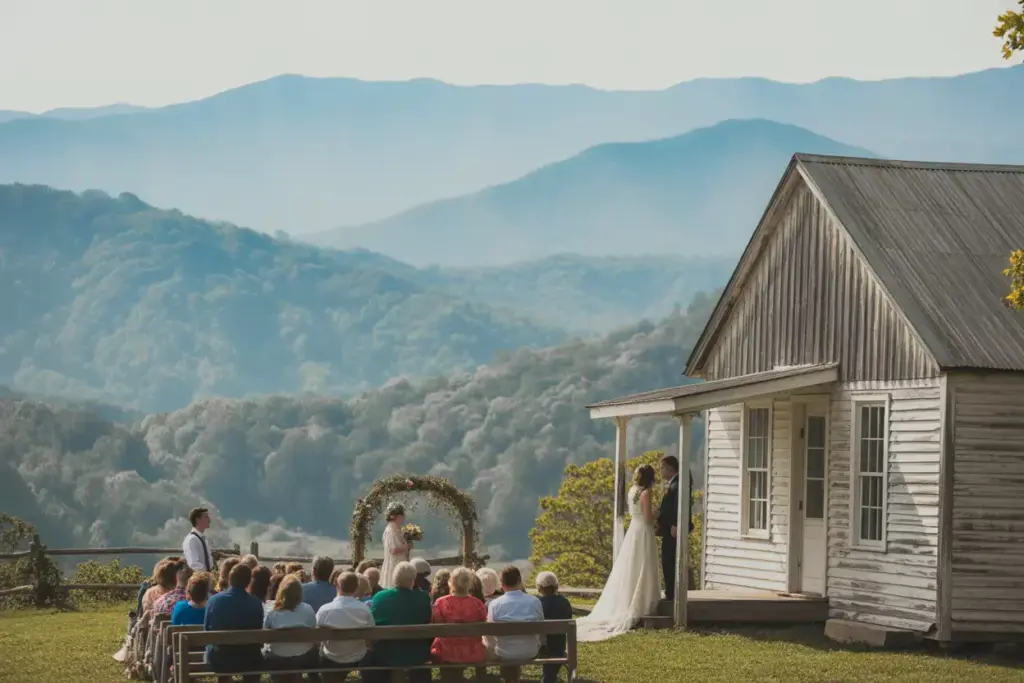 Great smoky mountains historic chapel outdoor wedding ceremony