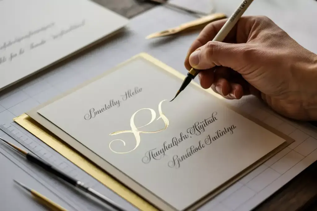 Hand applying gold leaf to calligraphy on a cream bridal invitation