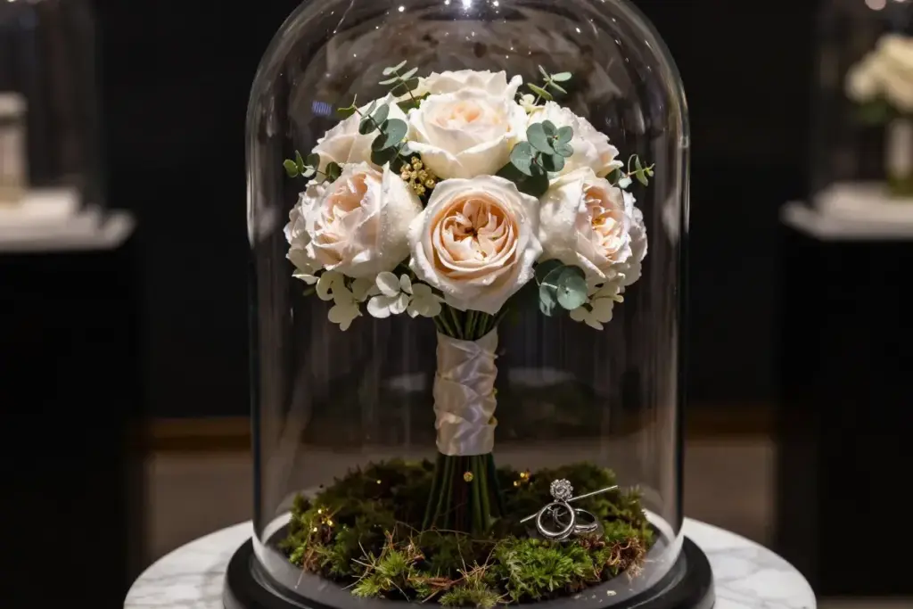 Luxury silk preserved flower bouquet in glass dome on marble